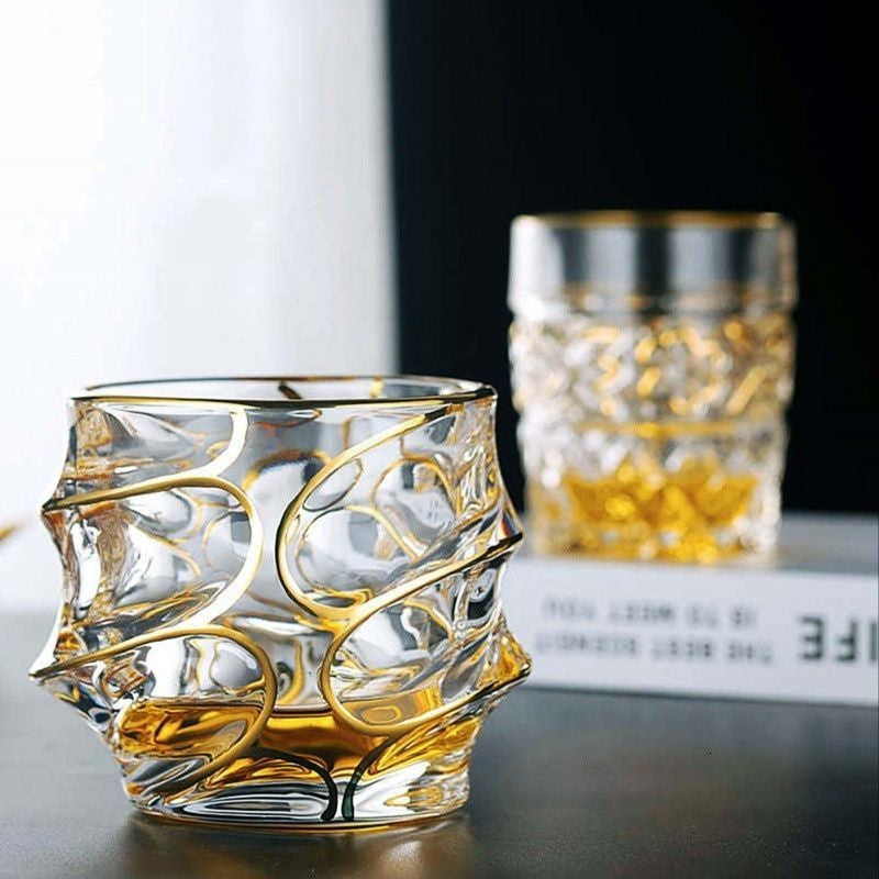 Gold Rim Wave Whiskey Glass