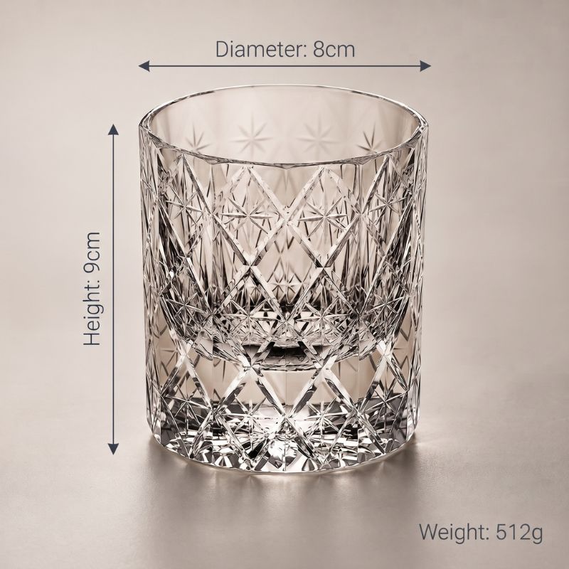 Polaris crystal whiskey glass dimensions: 8 cm diameter, 9 cm height, 512 g weight