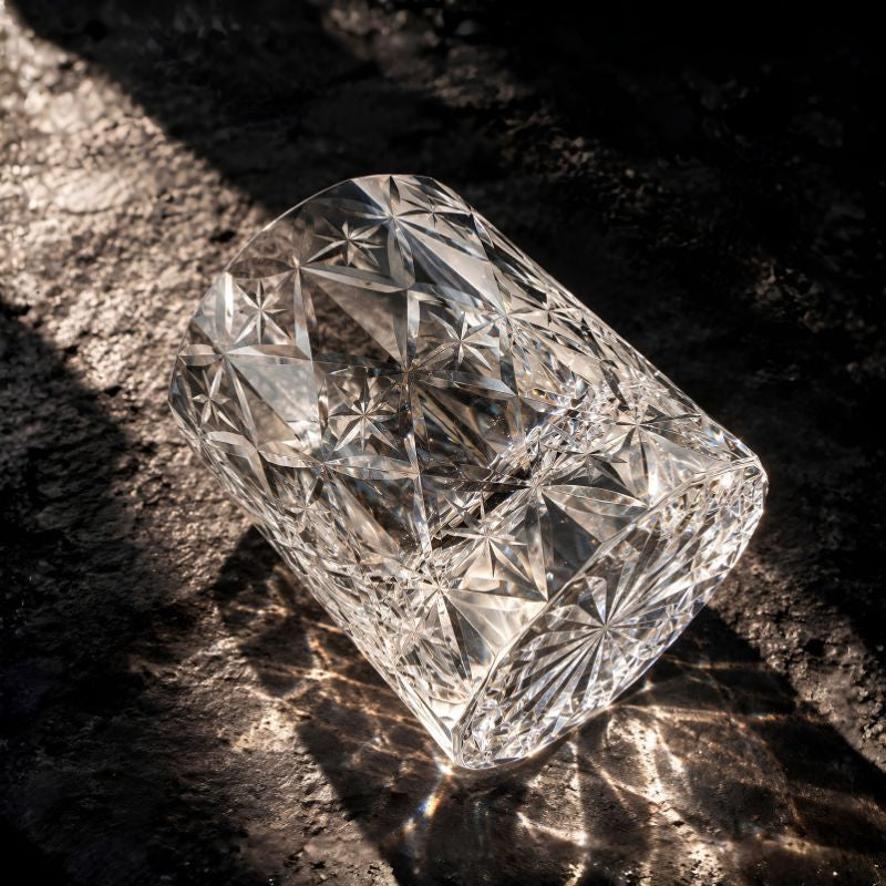 Polaris cut crystal glass lying on dark stone, throwing light patterns across the surface