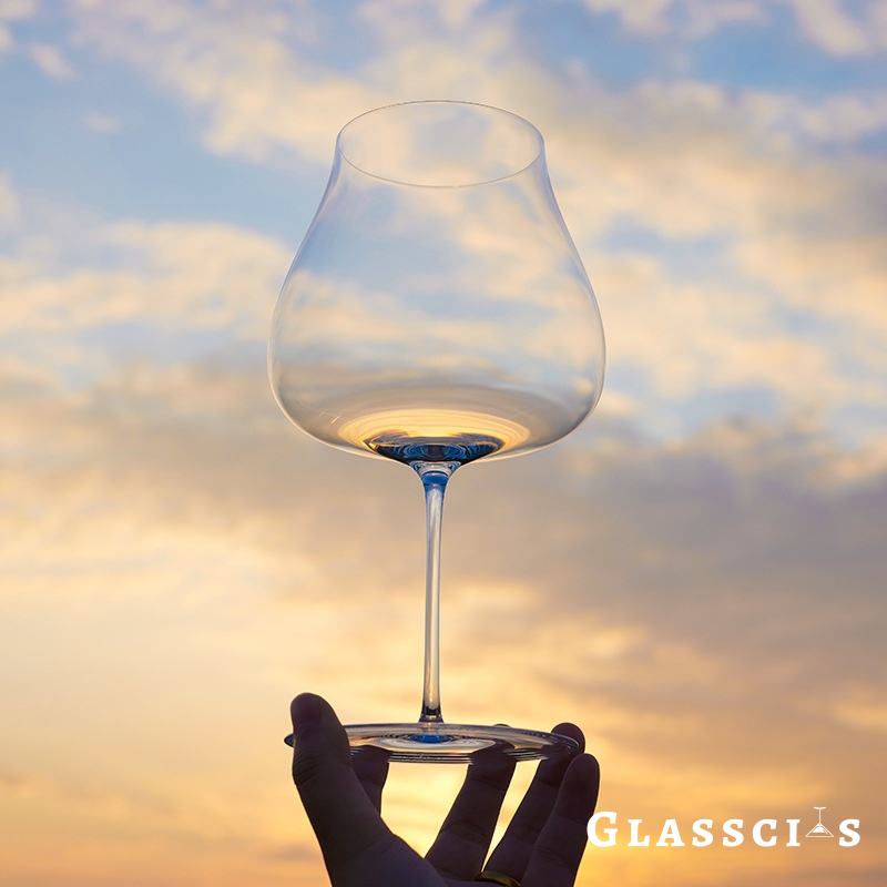 man holding zwiesel sensory glass by the bottom in sunset