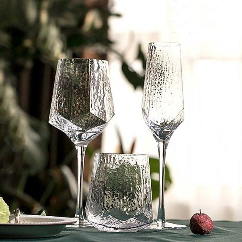 Diamond Cuts in Hammered Wine Glasses by Glasscias