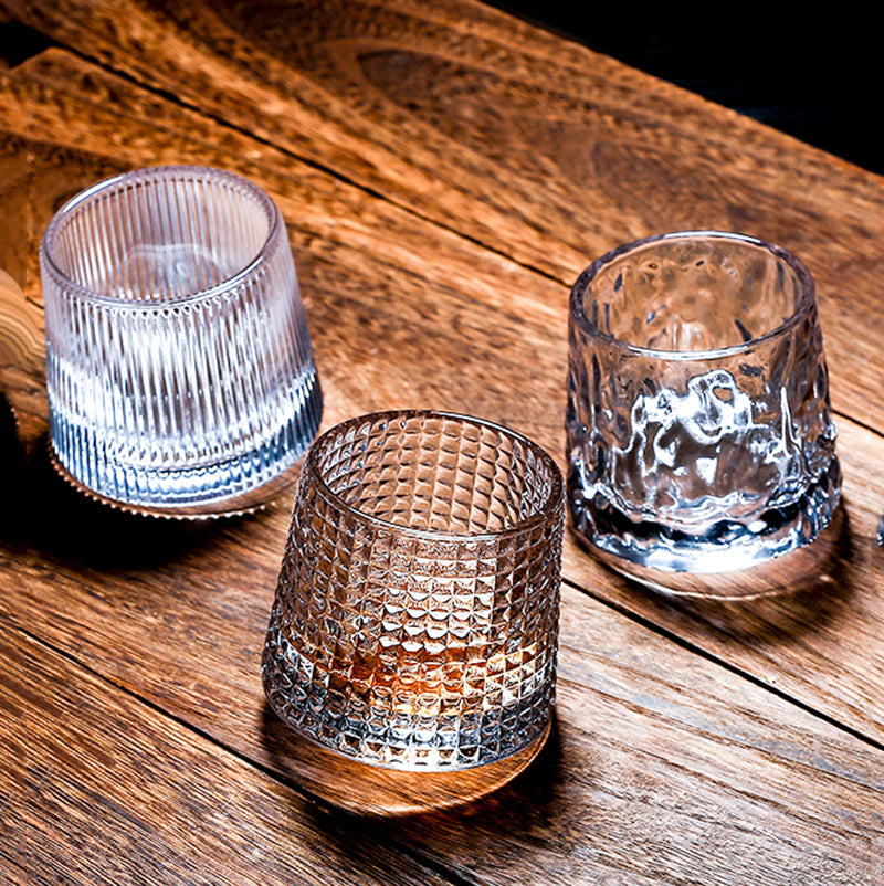three different designs unique whiskey glasses with rotating function