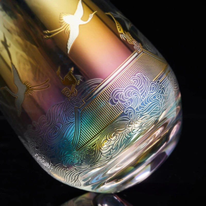 stemless rainbow wine glasses by glasscias Glasscias' stemless wine glasses with bird illustration
