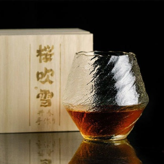 Curved opening of Japanese Hazy Snow Whiskey Glass Detailed frozen texture on whiskey glass