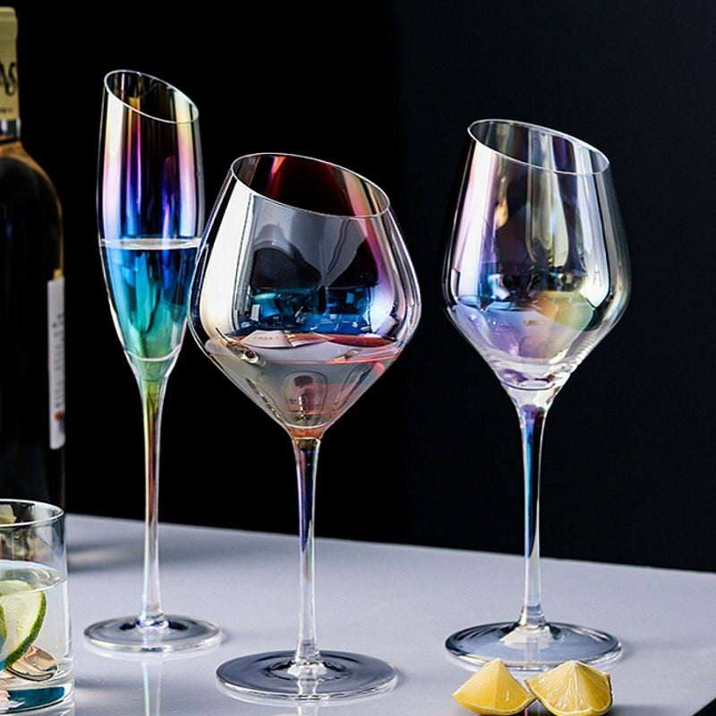 Unique tilted wine glasses with rainbow effect
