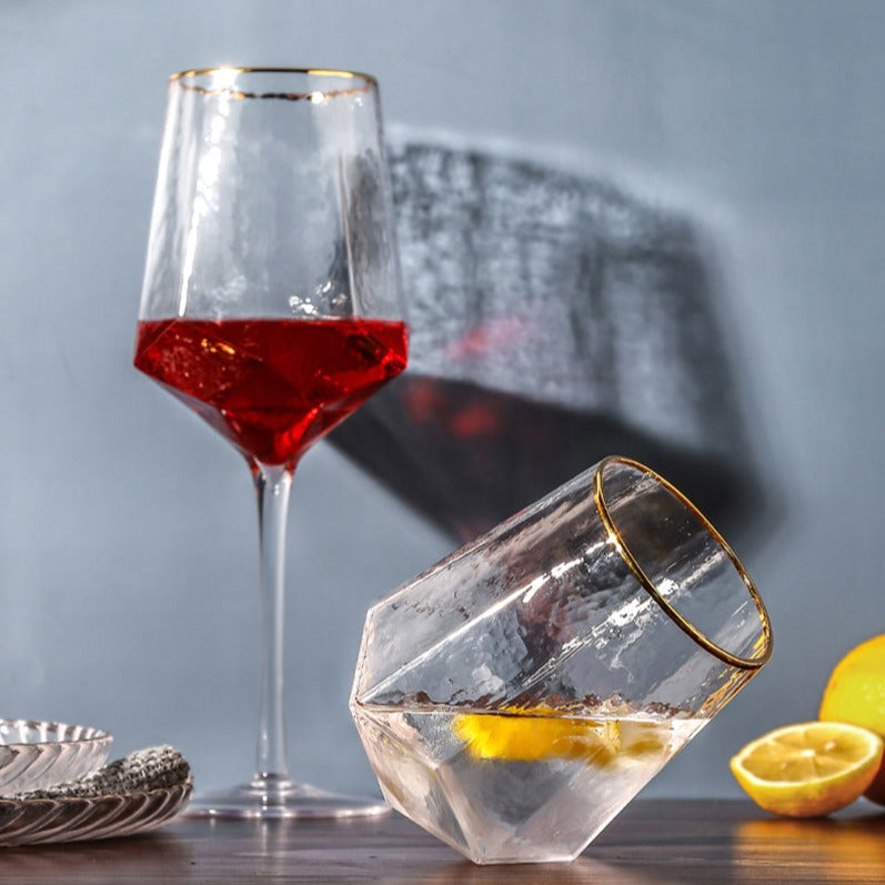 diamond stemless wine glasses with gold rim for daily drinks | Glasscias