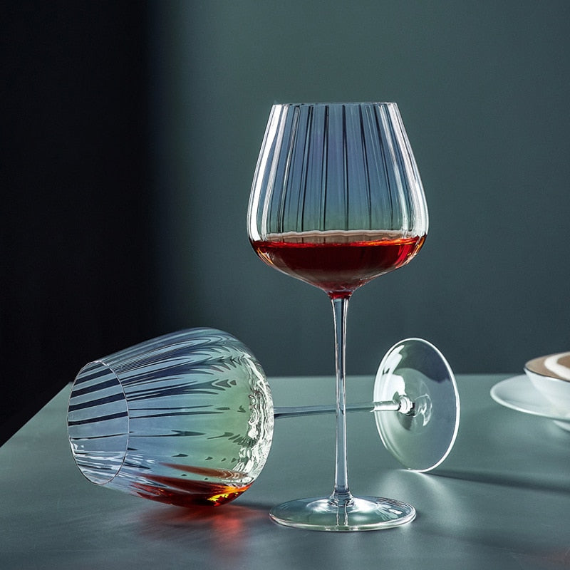 Iridescent Wine Glasses with Vertical Ribbed Texture