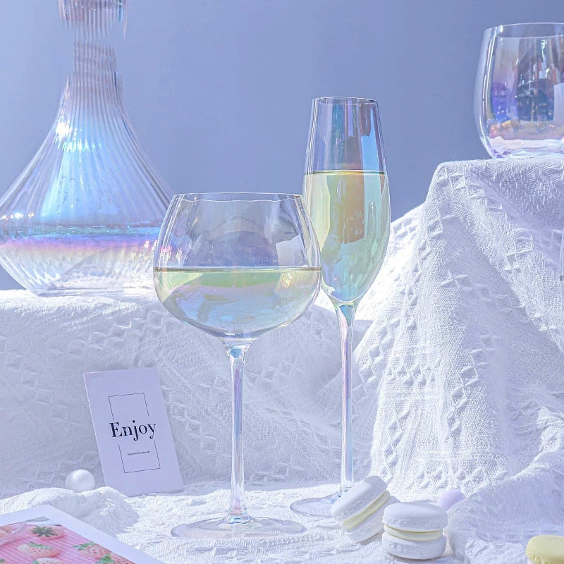 Iridescent glow handmade wine glasses by Glasscias