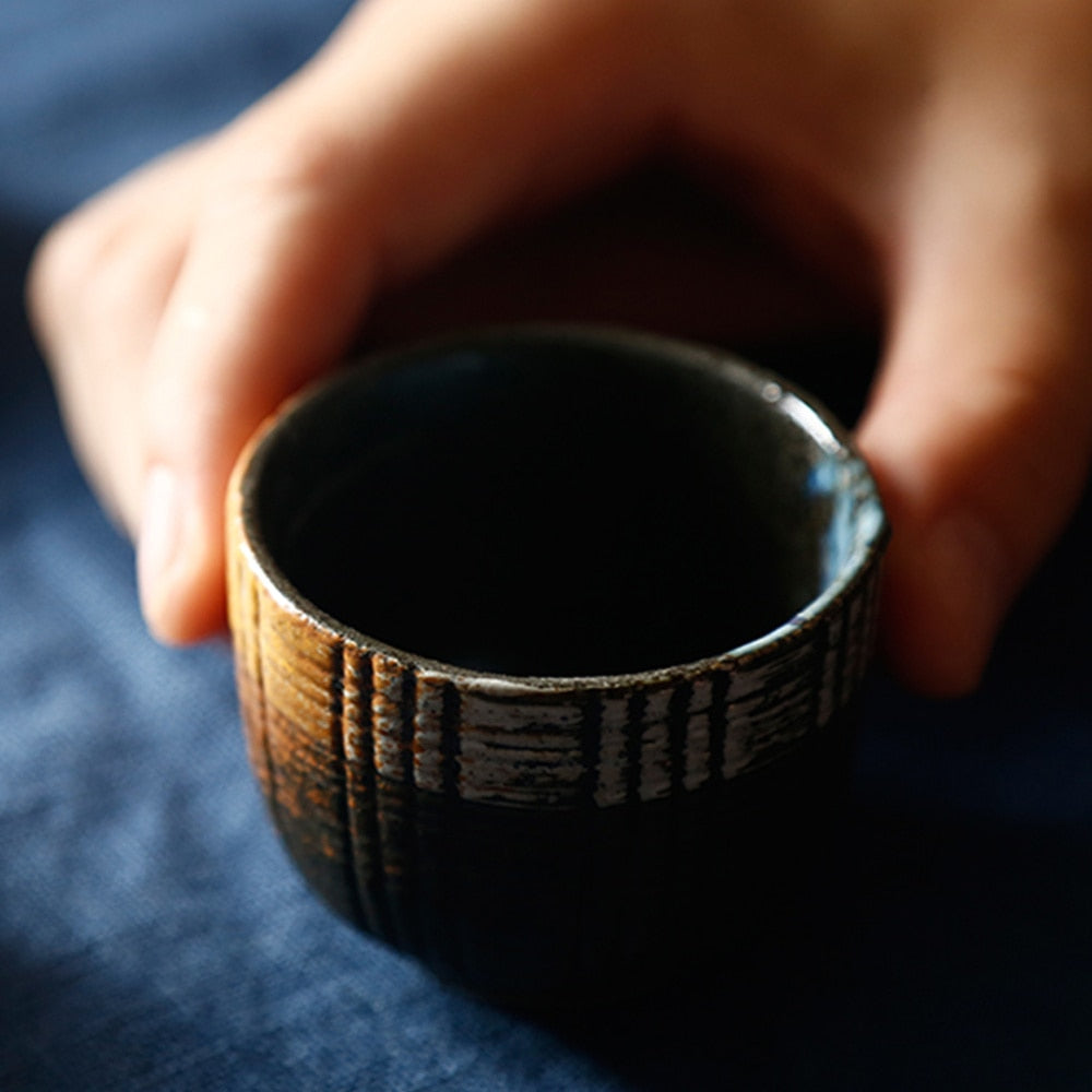 ceramic sake cups with wooden-like design