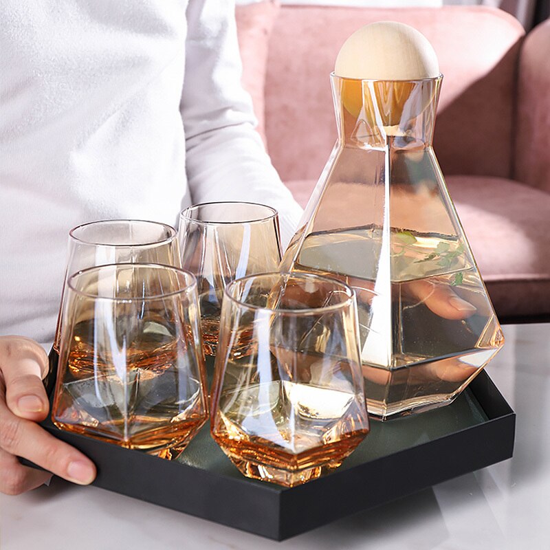 Brown Diamond Dew carafe and glass set with an iridescent glow