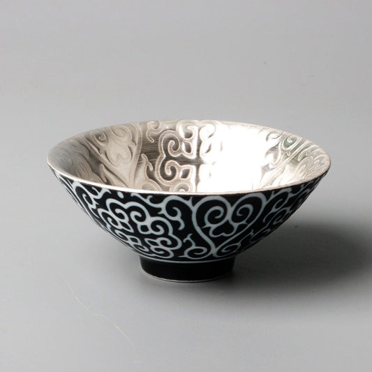Japanese cloud motif silver sake bowl