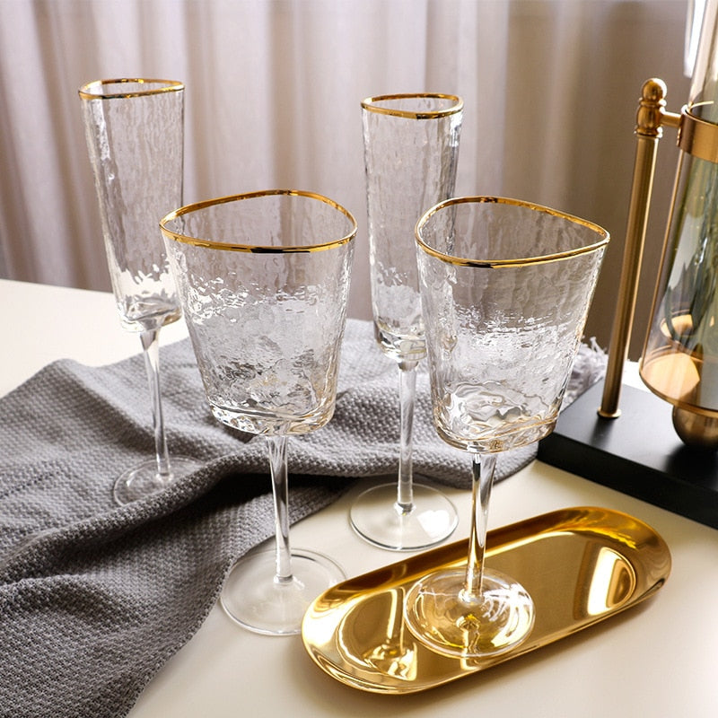 gold rim wine glasses with hammered design