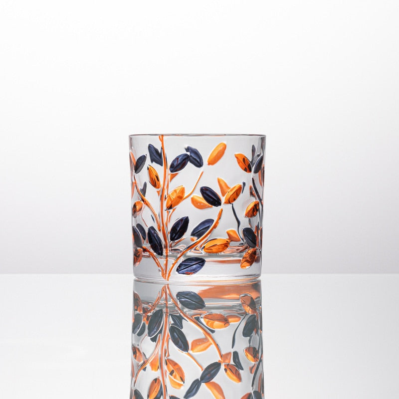 heavy crystal whiskey glass with orange and blue hand painted color