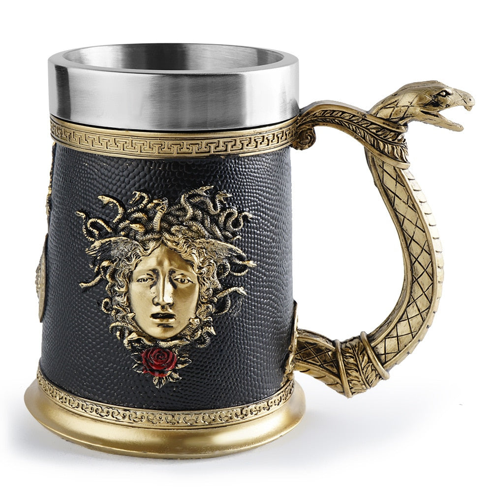 Medusa-themed golden beer tankard