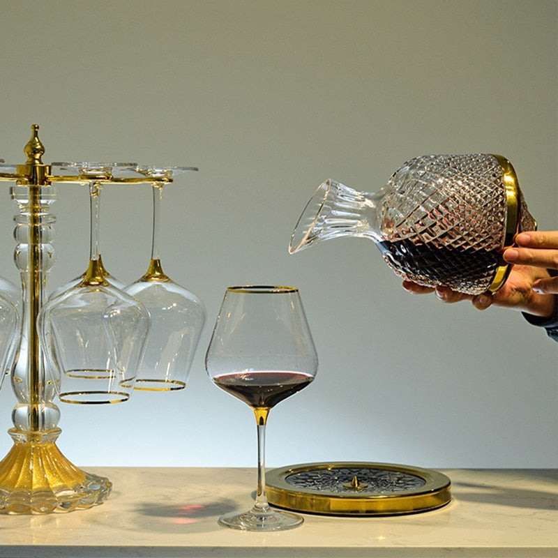 luxury gold rimmed burgundy wine glass set with decanter