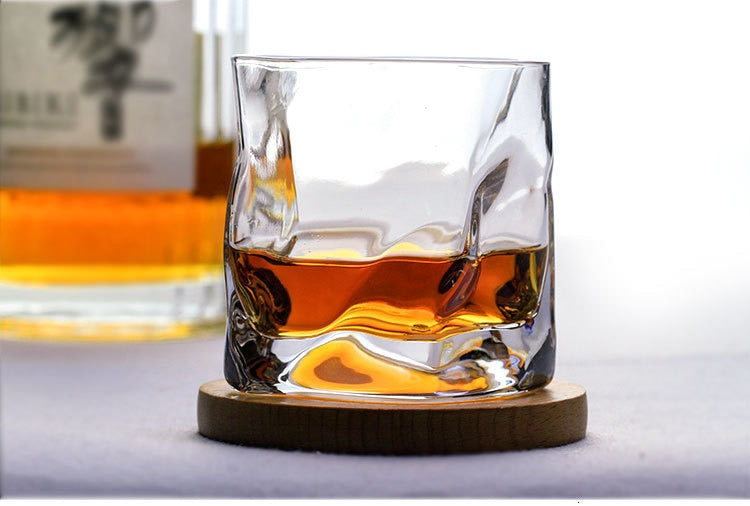 Japanese Crumple Whiskey Glass on wooden coaster | Glasscias