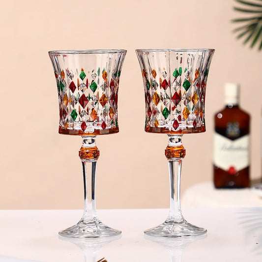 Diamond-patterned Murano wine glass with vibrant colors