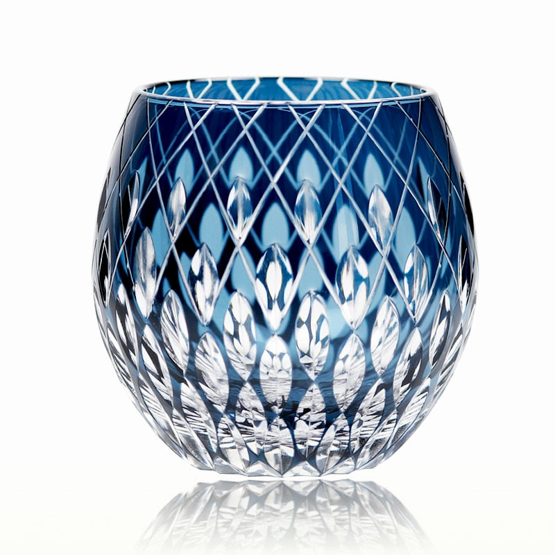 handmade blue color japanese whisky glass with edo kiriko design