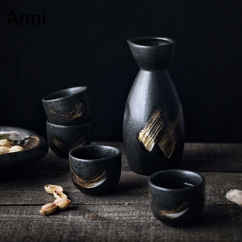 Black and gold ceramic sake set