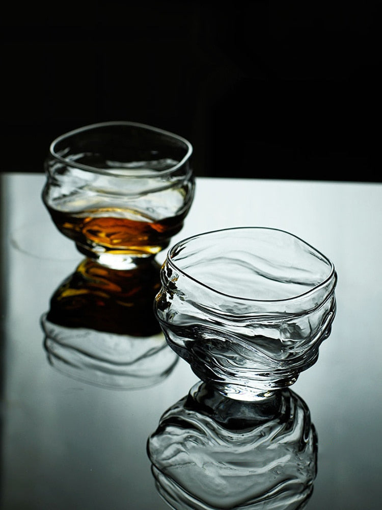 High-end Japanese whiskey glass with a unique irregular shape.
