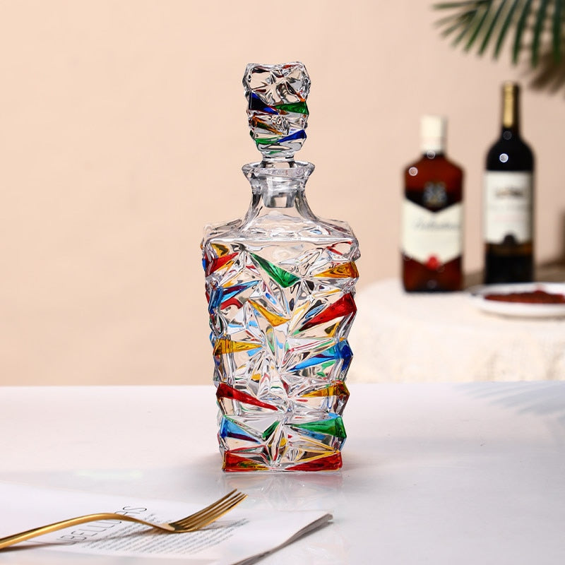 Murano's colored decanter with lively triangle patterns for parties