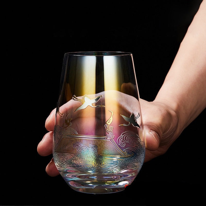 Stemless wine glass with crane engraving by Glasscias