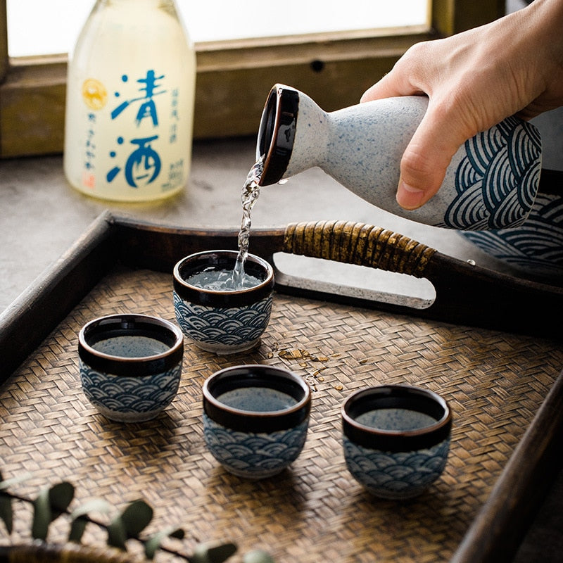 Elegant blue wave ceramic sake collection