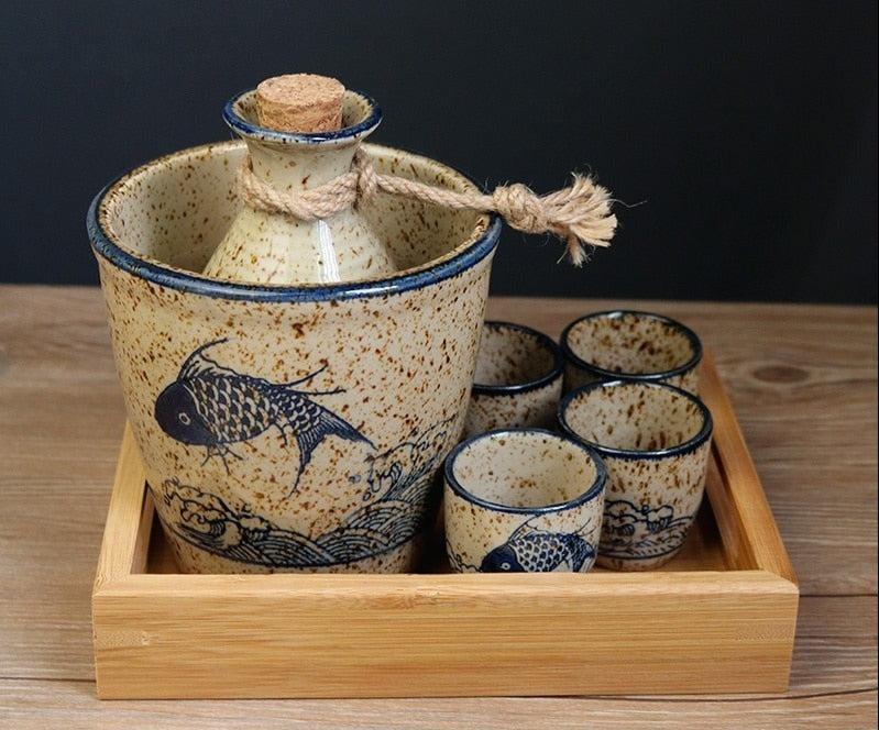 Traditional 7 pieces Japanese Sake Set with koi design on wooden tray