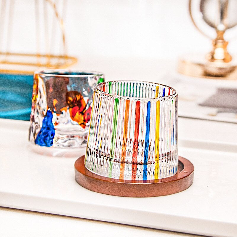 Colorful vertical ribbed texture of the Italian Art Rocking Whiskey Glass reflecting a party vibe