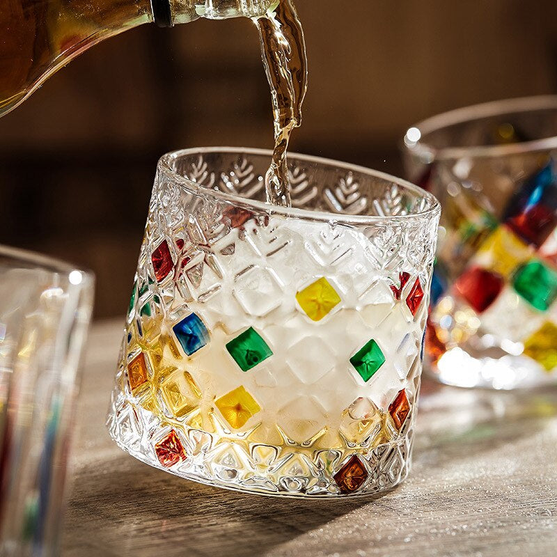 Whiskey glass with colorful diamond and snowflakes cuts