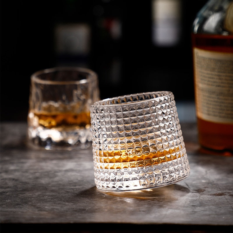 Unique grid-textured Rocking Whiskey Glass, perfect for gifting